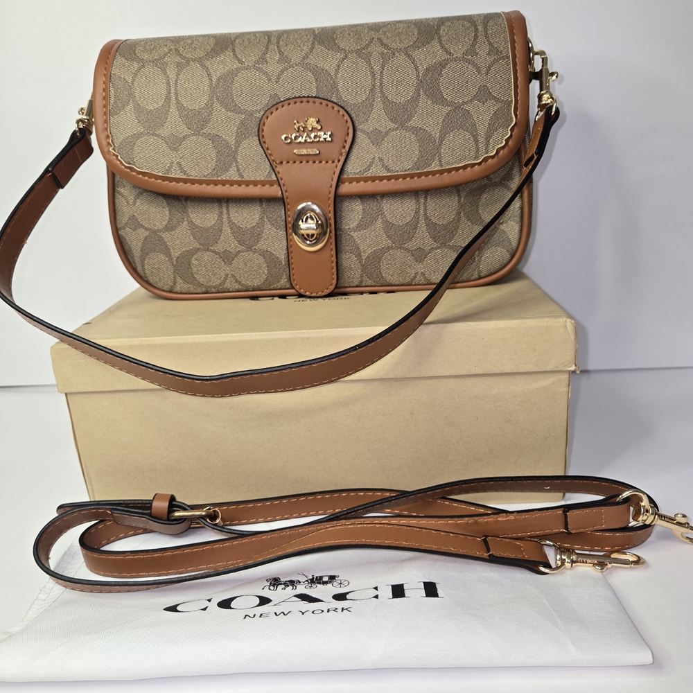 Coach Signature Canvas Turnlock Crossbody Bag in Brown/Tan - Picture 4 of 9